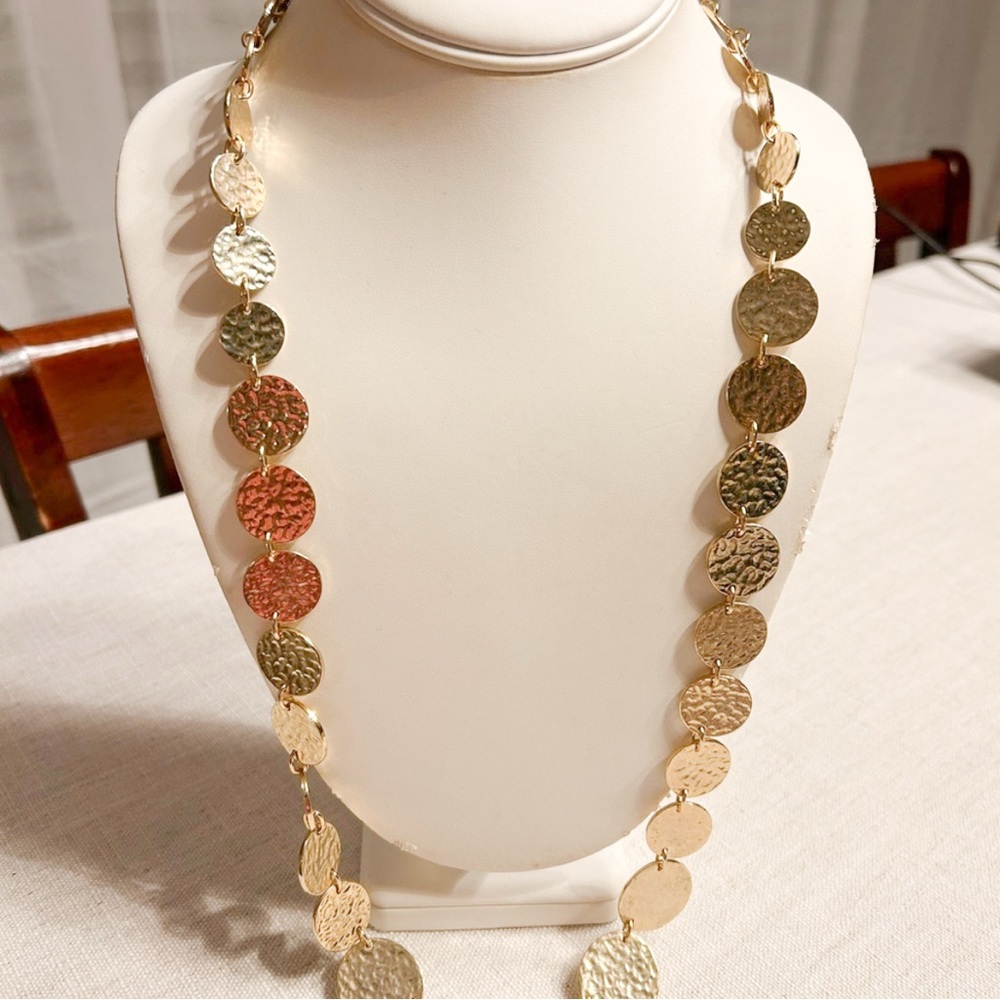 30” Hammered Gold Disc Necklace Mixed Metal Coin Choker Boho Statement Jewelry